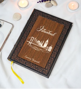 Kişiye Özel İstanbul Desenli Termo Deri + Ahşap Anı Defteri - Çizgili Defter - Hediyelik (15x21 cm - 320 Sayfa) A5