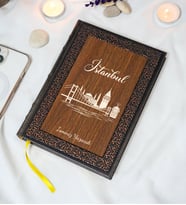 Kişiye Özel İstanbul Desenli Termo Deri + Ahşap Anı Defteri - Çizgili Defter - Hediyelik (15x21 cm - 320 Sayfa) A5