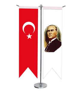 Masa Üstü Kırlangıç Atatürk + Türk Bayrağı + Krom T Direk Masa Bayrak Seti