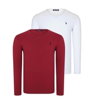 İKİLİ SET T8587 DEWBERRY V YAKA ERKEK SWEATSHIRT-BEYAZ-BORDO
