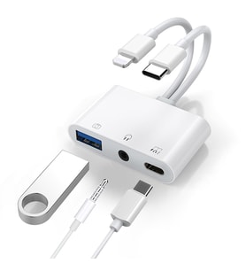 ALLY NK-109PRO Type-c-Lightning to USB-A 3.5mm Kulaklık ve Type-c Kamera Okuyucu Çevirici Adaptör (Beyaz)