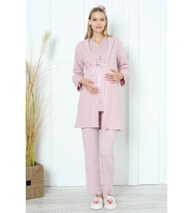 Mavi Renk Dantel Detaylı Erdeniz 3392 Sabahlıklı Hamile Pijama Takımı (Pudra)