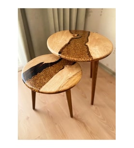 Fawdecor Yuvarlak Epoksi Kahve Desenli 2'li Masif Sehpa Seti Modern Yuvarlak Reçine Ahşap 2'li Yan Sehpa Seti