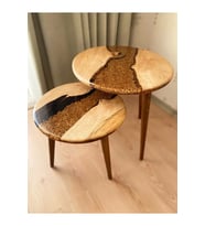 Fawdecor Yuvarlak Epoksi Kahve Desenli 2'li Masif Sehpa Seti Modern Yuvarlak Reçine Ahşap 2'li Yan Sehpa Seti