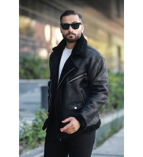 Biker Kürk Detaylı Kışlık Mont (Siyah)