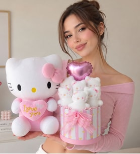 Hello Kitty Peluş Oyuncak & Hello Kitty Ayıcık Buketi Seti Hediye Kutusu – Sevgiliye, Kıza Arkadaşa Doğum Günü Hediyesi