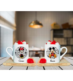 Minnie Mouse & Mickey Mouse Çift Tasarımlı Ahşap Tabaklı Kişiye Özel Türk Kahvesi Fincanı Seti