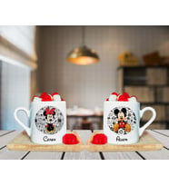 Minnie Mouse & Mickey Mouse Çift Tasarımlı Ahşap Tabaklı Kişiye Özel Türk Kahvesi Fincanı Seti