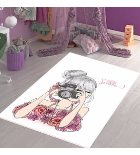 Fotoğrafçı Kız Desenli Çiçekli Dijital Baskı Yıkanabilir Kaymaz Taban Genç Kız Çocuk Odası Halısı (Beyaz)