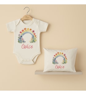 Pia Baby Premium %100 Pamuk İsme Özel Organik Baskılı Çıtçıtlı Bebek Body Ve Yastık Kılıfı 5057-19 (Ekru)