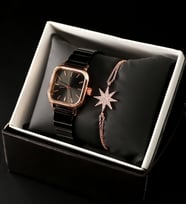 Spectrum Kare Kadranlı Rose Gold Detaylı Siyah Kadın Kol Saati& Rose Gold Kaplama Kutup Yıldızı Bileklik