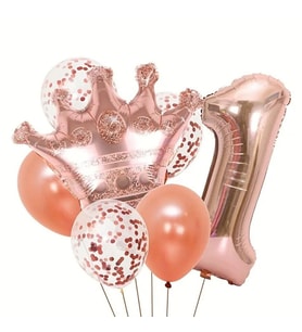 Rose Gold Taçlı 1 Rakam Balon Set