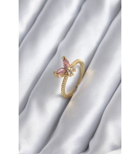 Gold Renk Pembe Zirkon Taşlı Kelebek Model Kadın Yüzük (Renksiz)