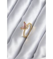 Gold Renk Pembe Zirkon Taşlı Kelebek Model Kadın Yüzük (Renksiz)