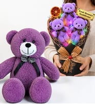 Kişiye Özel Renkli LED Işıklı Peluş Ayıcık Buketi ve 50 cm Büyük Boy Mor Peluş Ayıcık