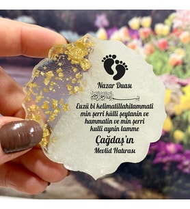 Epoksi Magnet Hediyelik - ETİKET DEĞİLDİR!! - Nazar Dualı, Ayetli Tasarım - Bebek, Doğum Günü Hatırası (Gold)
