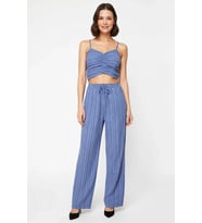 Kadın Büyük Beden İnce Askılı Kalp Yaka Büzgülü Crop Top Uzun Pantolon Plaj Takımı Günlük Rahat