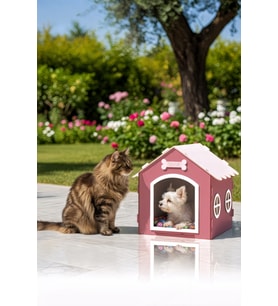 Gobypet Ahşap Dekoratif Köpek Evi - Kulübe ve Minder Pembe