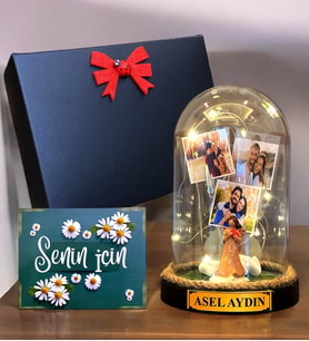 Size Özel İsimli ve 3 Fotoğraflı Led Işıklı Fanus Hediye Seti, Siyah Hediye Kutusunda (Model 9)