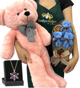 Premium Hediye Seti - Ametist Taşlı Lotus Kolye, 3'lü Ayıcık Buketi ve Pembe Peluş Ayıcık (Model 2)