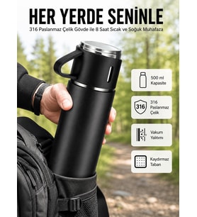 Termos Seti 3'lü Bardak Seti Isı Dayanıklı Siyah Paslanmaz Çelik Vakumlu