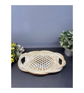 Dekoratif Polyester Tekli Hasır Sunumluk Tepsi Krem Gold Eskitme