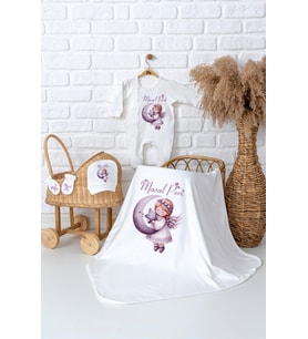 Pia Baby Premium  %100 Pamuk İsme Özel Kız Bebek Battaniye Tulum Hastane Çıkışı Hediye Seti 5081-05 (Ekru)