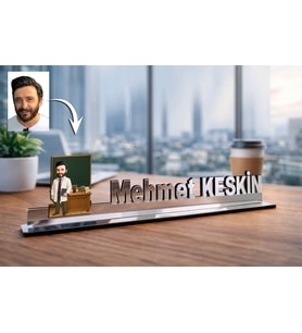 Kişiye Özel Fen Öğretmeni Karikatürlü 30 cm Ayna Pleksi Masaüstü İsimlik - Öğretmen Hediyesi Öğretmene Özel Hediye