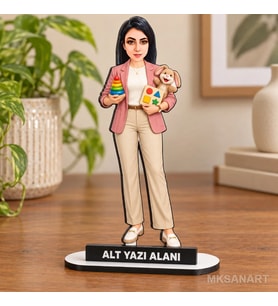 Kişiye Özel Ana Okulu Öğretmeni Karikatürlü 18 cm MDF Masaüstü Biblo - Öğretmen Hediyesi Öğretmene Özel Hediye