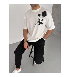 Unisex Bisiklet Yaka Baskılı Oversize T-Shirt - Beyaz