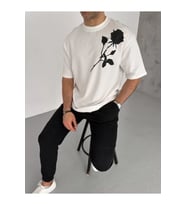 Unisex Bisiklet Yaka Baskılı Oversize T-Shirt - Beyaz