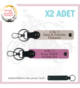 Motor Severlere, İsim Plaka ve A - Kan Grubu Yazılı Özel Tasarım Deri x2 Anahtarlık, Pudra-Pembe-Syh