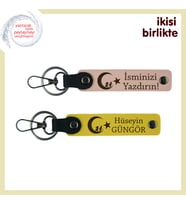 Gönülden Anlamlı Bir Hediye Çocuk Ve Ayyıldız Kişisel İsimli Deri Anahtarlık x2, Yavru Ağzı-Sarı