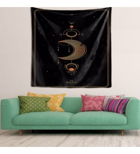 Moon Hilal Ay Desen Leke Tutmaz Kadife Dokulu Kumaş Duvar Örtüsü Duvar Halısı Tapestry (Siyah)