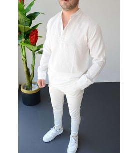 Erkek Oversize Yarım Patlı Hakim Yaka Gömlek EG08 (Kahverengi)