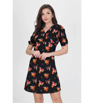 Neşeli butik kadın kruvaze yaka çiçek desenli örme krep mini elbise NB10022 (Siyah)