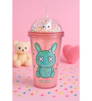 Sevimli Bunny Tavşan Figürlü Renkli Boncuklu Kristal Efektli Tasarım Pipetli Bardak Suluk Pembe 2087
