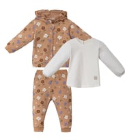 Kız Bebek Kahve Çiçek Desenli Fırfırlı Kapüşonlu 3'lü Set