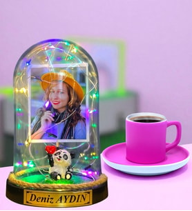 Kişiye Özel Renkli Led Işıklı Fanus ve Pembe Türk Kahvesi Fincanı (Model 8)