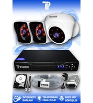 PICAM 3 Kameralı Kare 1 İç Kamera Set 2 TB HDD Full HD Gece Görüşlü Güvenlik Kamerası Sistemi