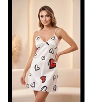Fantezia Night İnce Askılı Kalp Desenli Beyaz Saten Gecelik TM1447