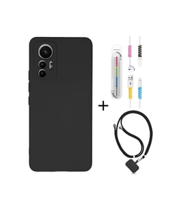 Xiaomi Mi 12 Lite Kılıf Siyah Silikon+kablo Koruyucu+boyun Askısı