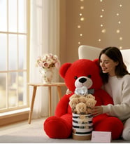 Premium 90 cm Peluş Ayı ve Silindir Kraft Kalpli Kutuda, Kalpli Balonlu 6’lı BOZ Ayıcık Buketi (Kırmızı)