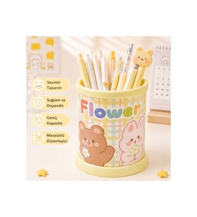 Sevimli Sarı Teddy Ayıcık ve Tavşan Desenli Masaüstü Kalemlik Organizer