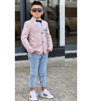 Erkek Çocuk Çizgili Blazer Ceket Kot Pantolon Pudra Şeker Alt Üst Takım (Pembe)