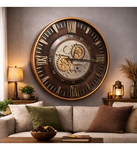 Ahşap Görünümlü Metal Çarklı Duvar Saati – Bronz Detaylı Steampunk Mekanik Dekor Saat