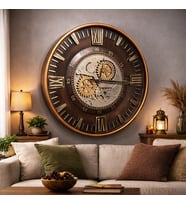 Ahşap Görünümlü Metal Çarklı Duvar Saati – Bronz Detaylı Steampunk Mekanik Dekor Saat