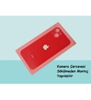 Tkgz - iPhone 14 Arka Pil Batarya Kapağı - Cam kapak Geniş Lens Deliği - KIRMIZI