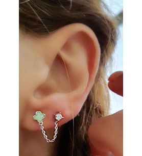Opal Taşlı ve Tek Taşlı Çift Deliğe Takılan 925ayar Gümüş Zincir Tek Küpe