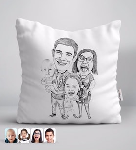 BK Gift Kişiye Özel Karakalem 4'lü Aile Karikatürlü Beyaz Yastık-1